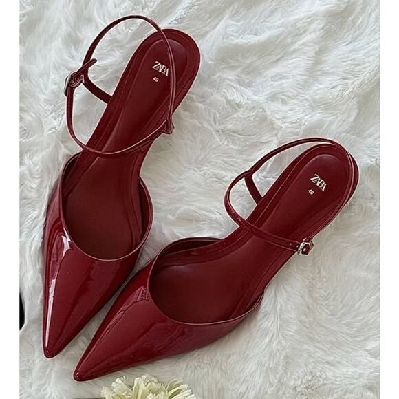 ZARA Red Patent Slingback Heels NWT – Pointed Toe Kitten Heels, Size 7.5 & 8 - Picture 12 of 16